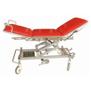 CHARIOT DE TRANSPORT DE MALADE À HAUTEUR VARIABLE HYDRAULIQUE AVEC BARREAUX EN ALUMINIUM , POSE JAMBE ARTICULÉ ET +5ÉME ROUE.